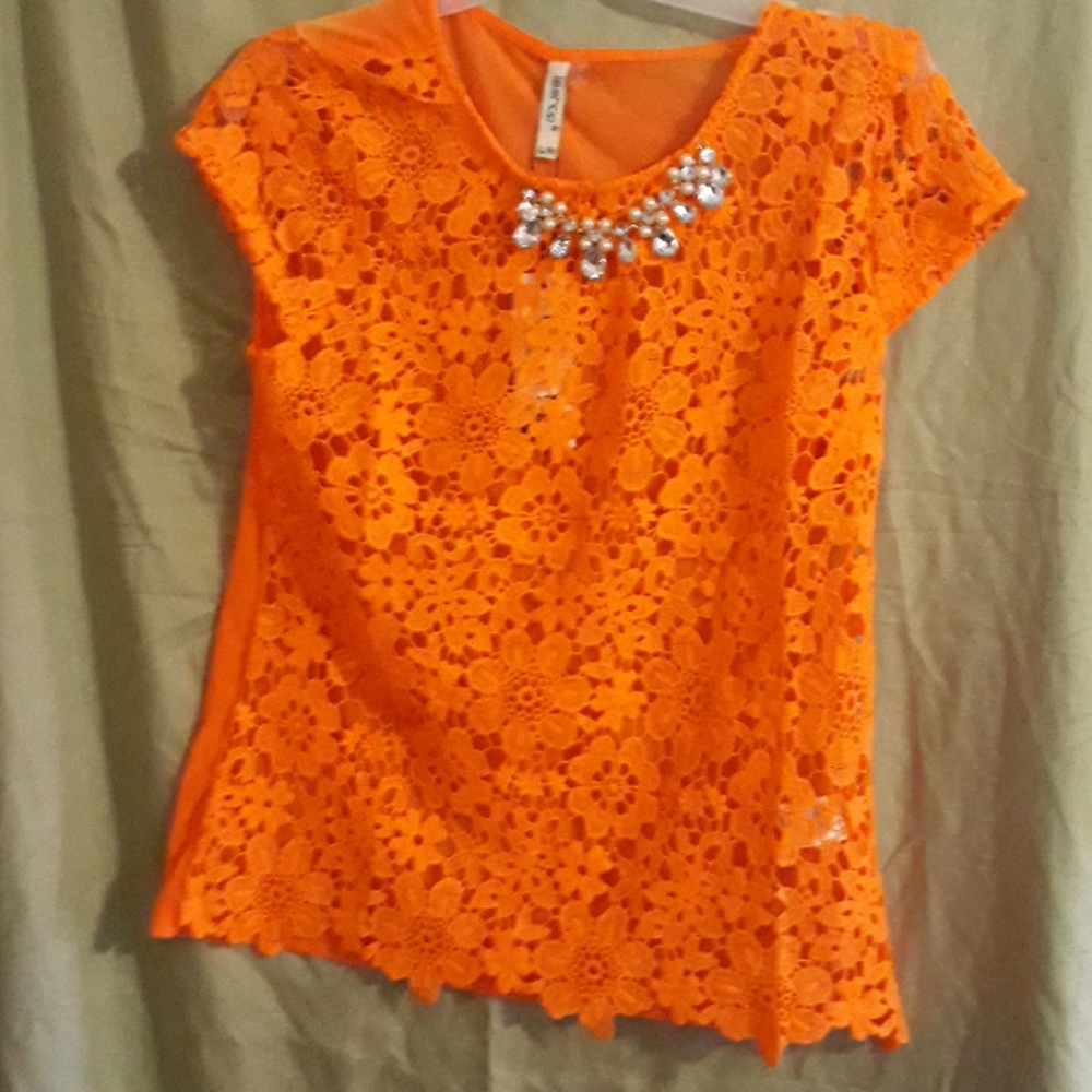 Orsnge shirt with floral lace front